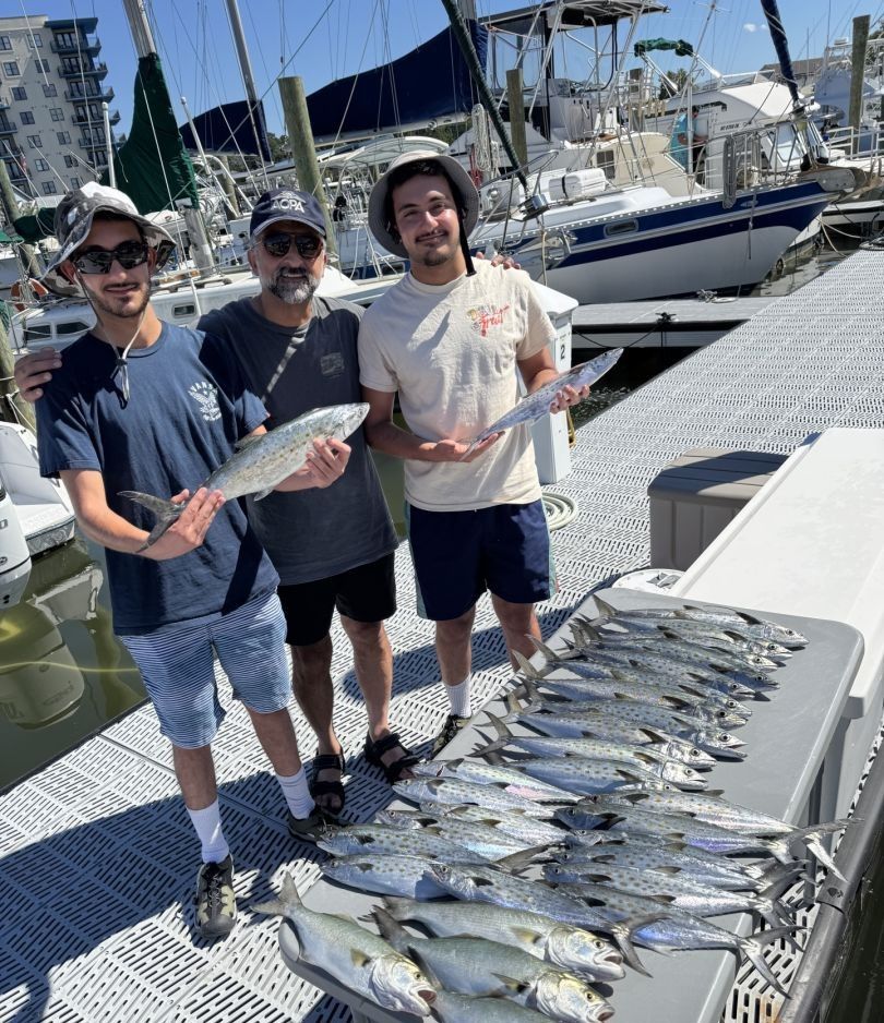 Successful fishing trip showing caught King Mackerel, Spanish Mackerel, and Bluefish displayed on boat deck at marina