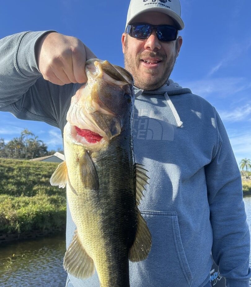 Angler holding freshly caught largemouth bass by water with trees in background