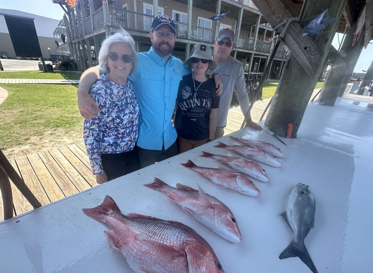 Fresh caught red snapper and bluefish displayed on cleaning table after successful fishing trip