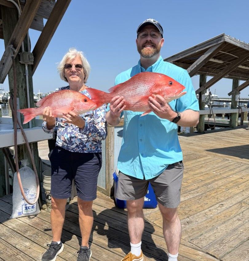 Two red snapper fish displayed on wooden dock after successful fishing trip