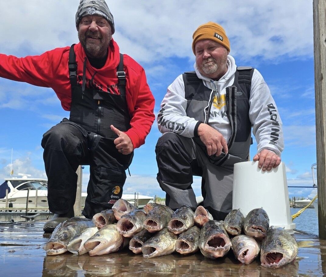Two anglers posing with their catch of multiple fish displayed on a dock