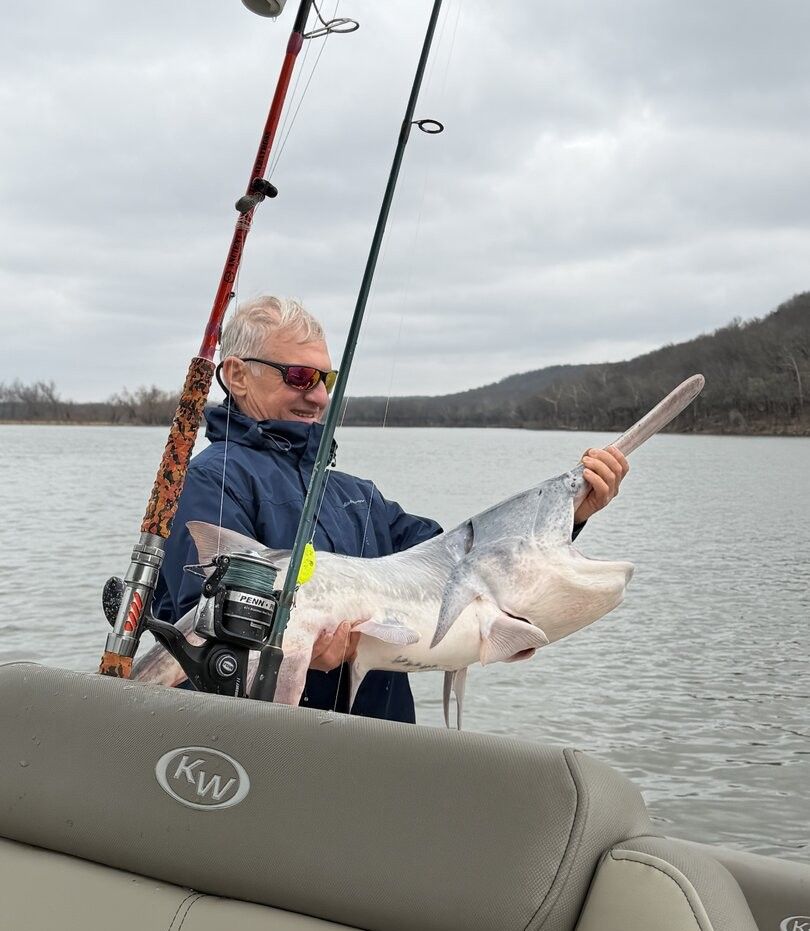 Large catfish being held on fishing boat with fishing rod and reel visible