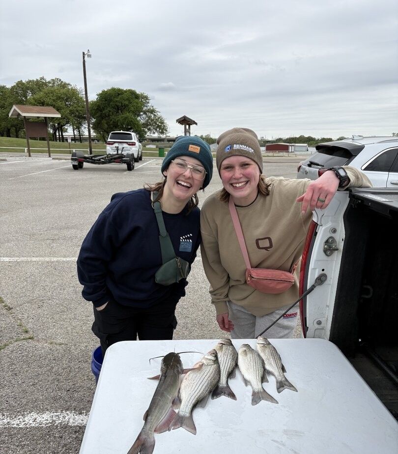 Fresh caught white catfish and white bass displayed on cleaning table after successful fishing trip