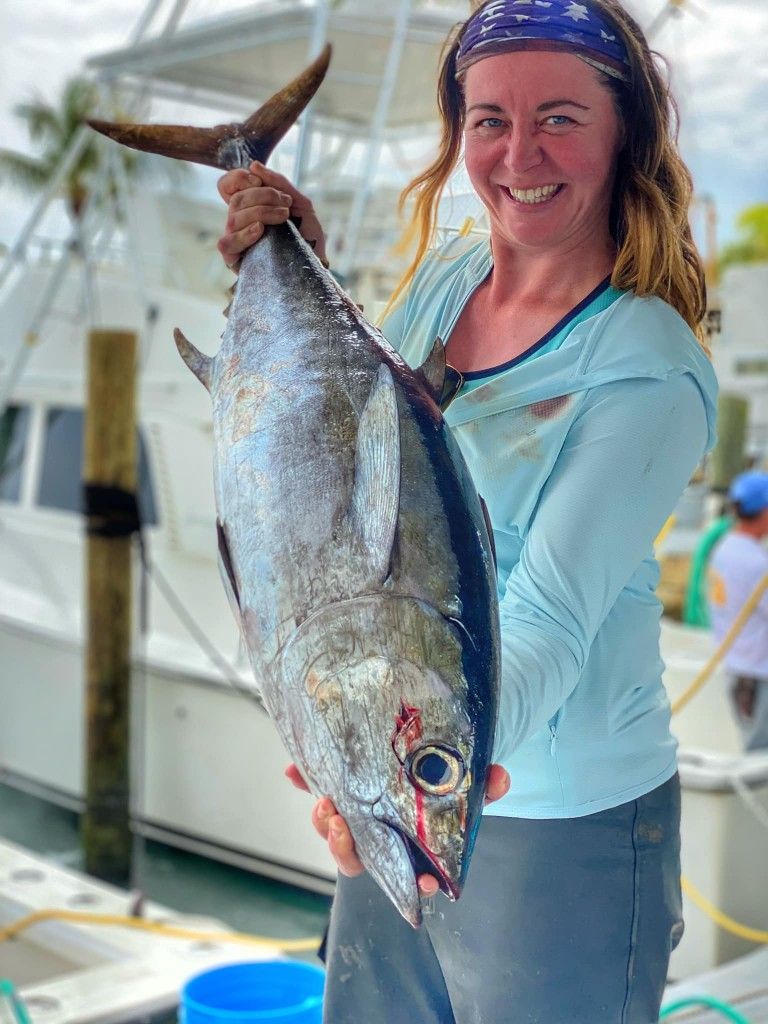 An angler with an Atlantic Bonito fish catch.