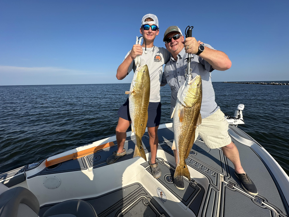 Huge Redfish double-header in the clear waters of Hopedale!
