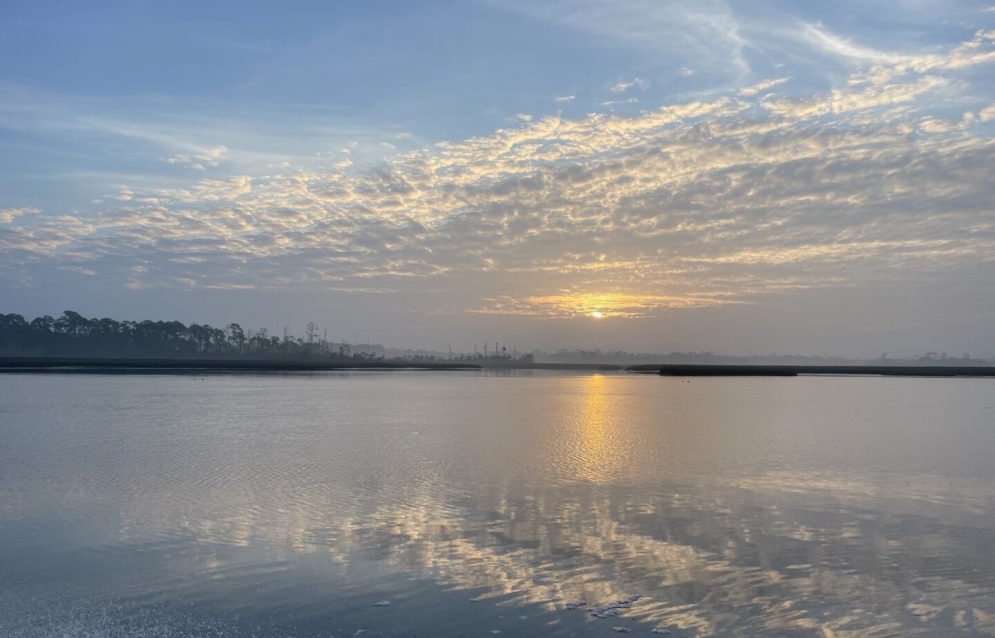 Calm water surface reflecting cloudy sky during sunrise or sunset with distant treeline