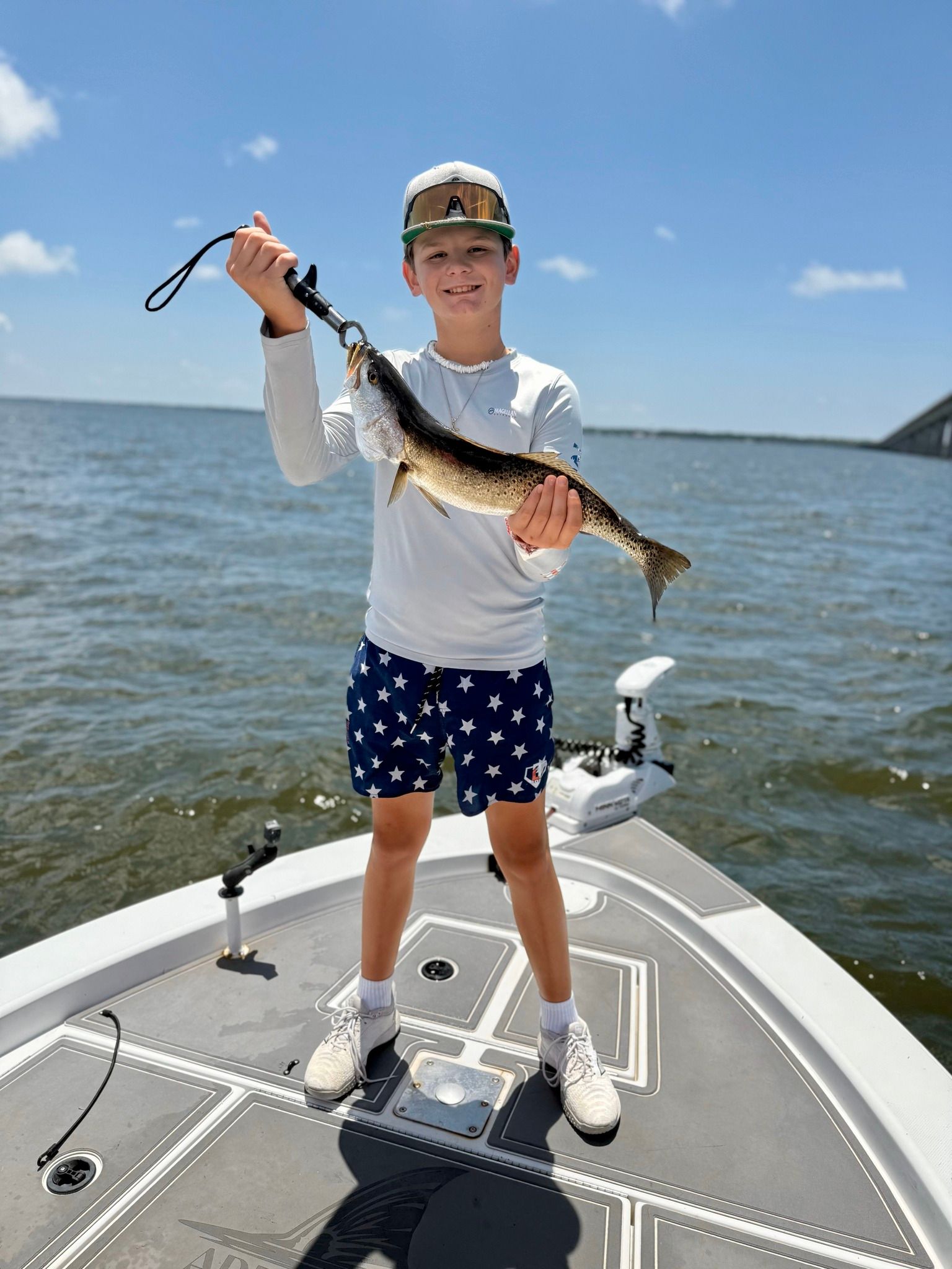 A person fishing in an unknown location