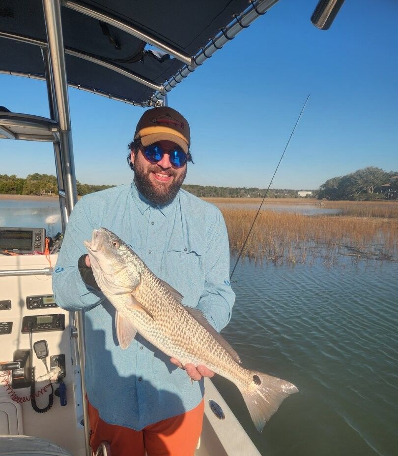Redfish caught on fishing boat in coastal waters with marsh grass background