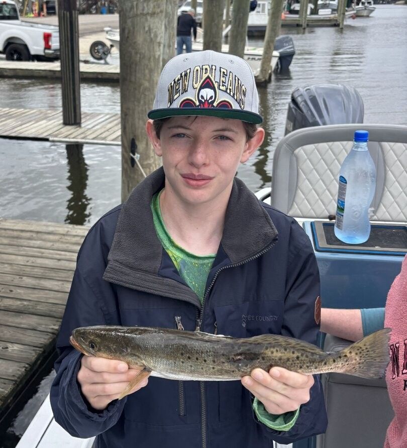 Freshly caught speckled trout displayed on fishing boat dock