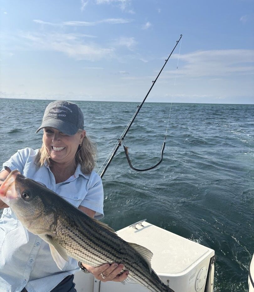 Striped bass caught while fishing on boat in ocean waters