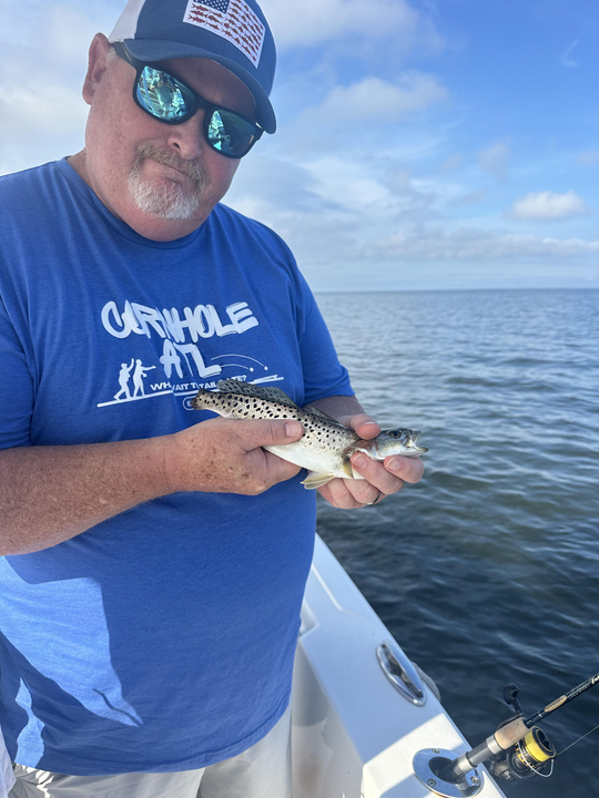 Reeling in the elusive Spotted Weakfish off Manteo's stormy coast!