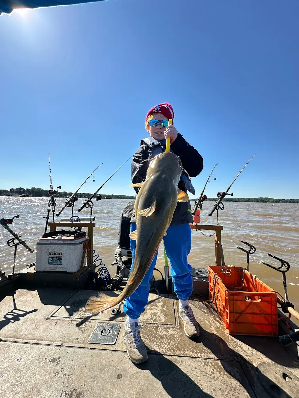Large fish catch displayed on fishing boat deck with multiple fishing rods