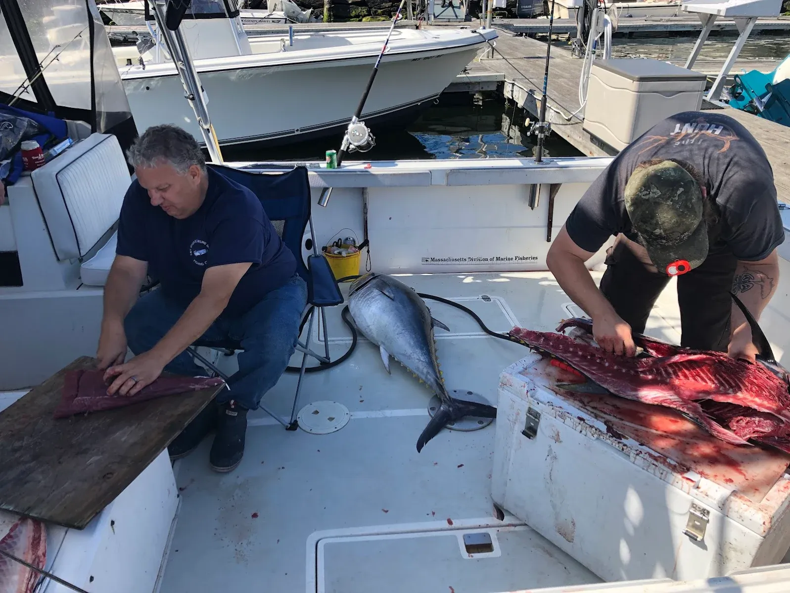 Two people processing freshly caught bluefin tuna on fishing boat deck at marina