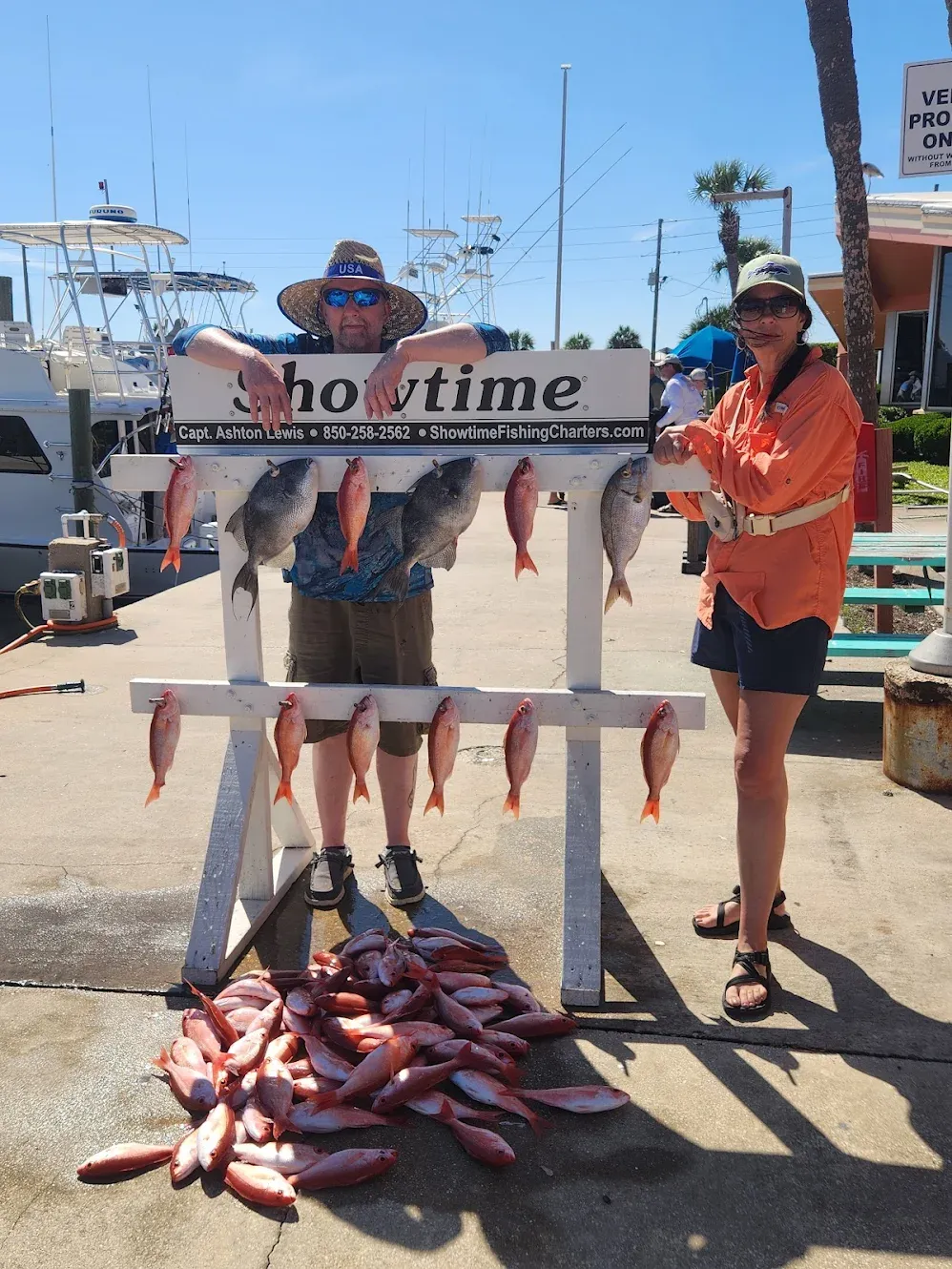 Fishing charter display showing grey triggerfish and red snapper catch on cleaning station at marina