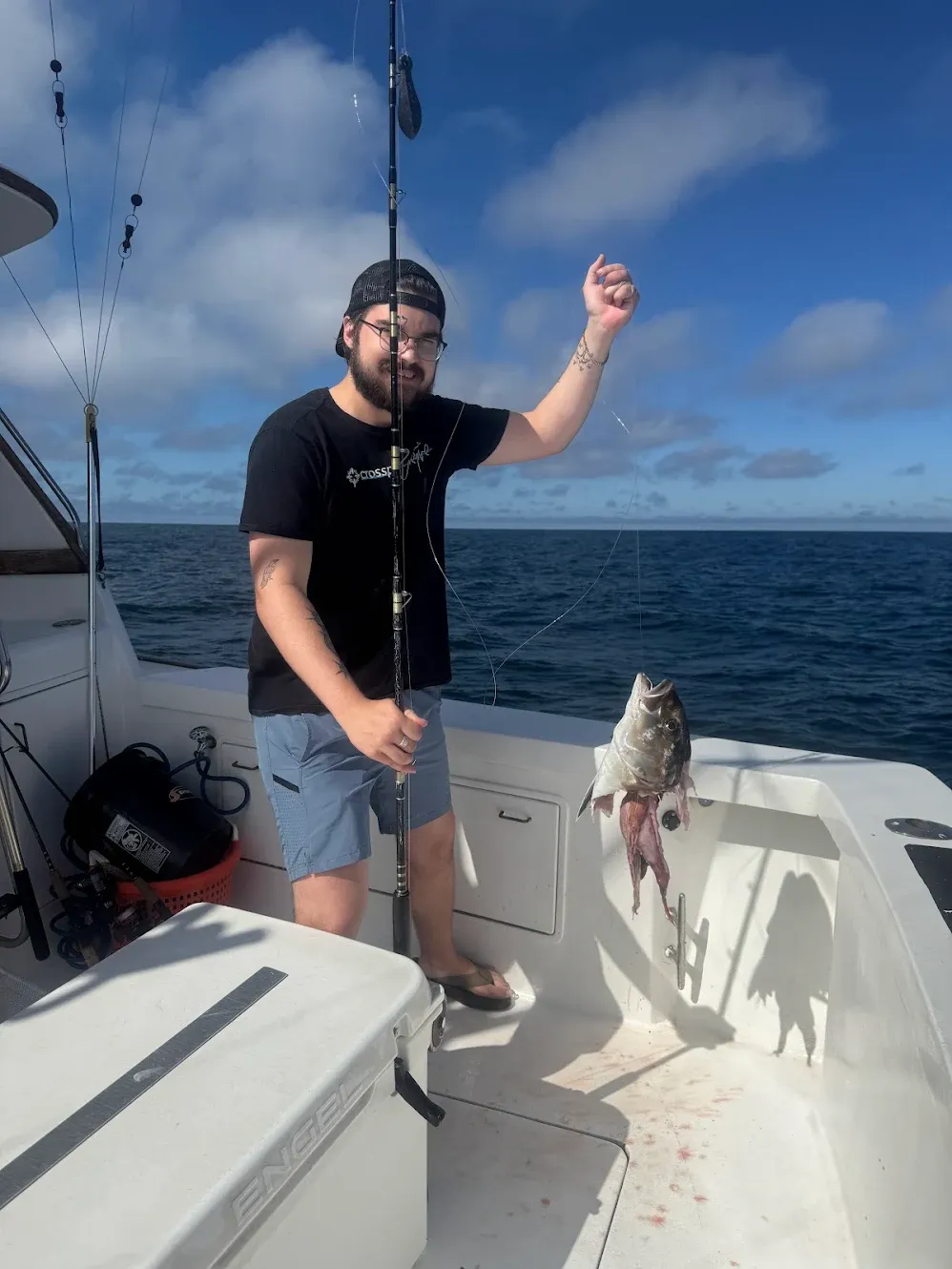 Fishing catch displayed on boat deck with fishing rod over ocean waters