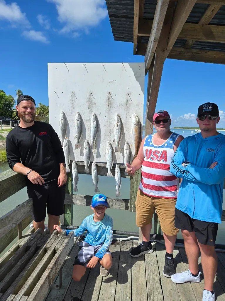 Fresh caught fish displayed hanging on cleaning station at fishing dock