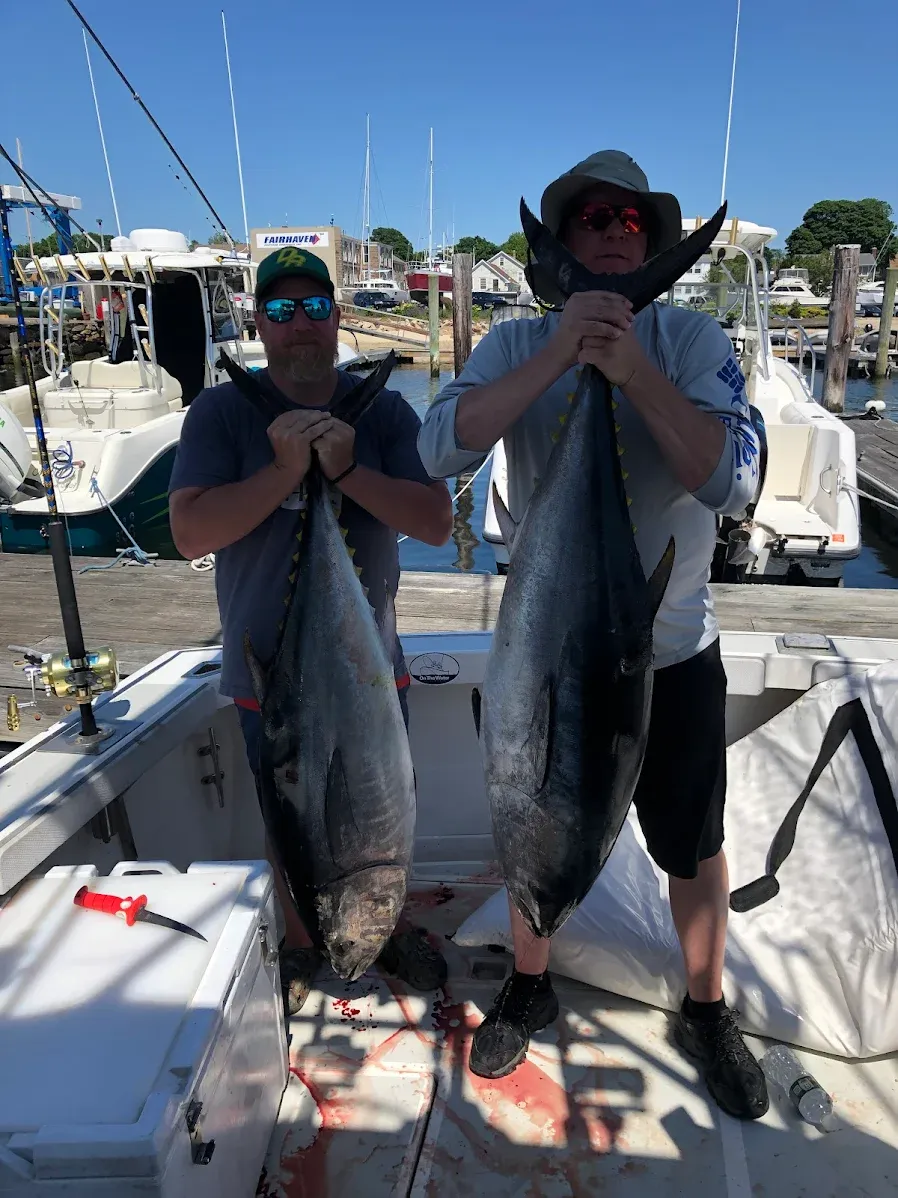 Two anglers displaying freshly caught yellowfin tuna and bluefin tuna on fishing boat deck at marina