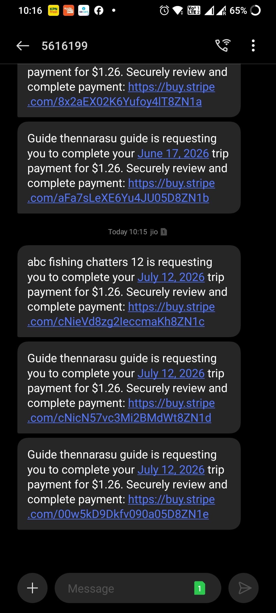 Screenshot of fishing trip payment scam text messages on mobile phone