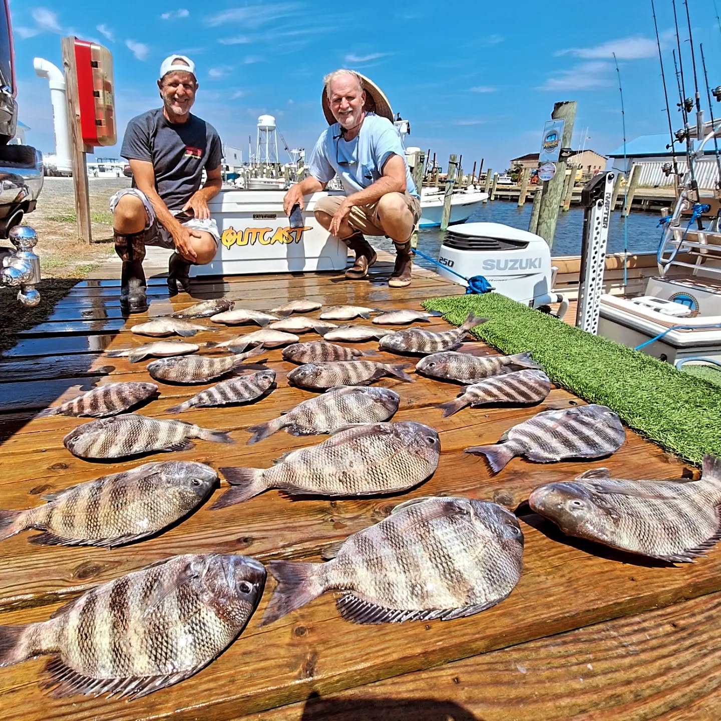 Large catch of sheepshead fish displayed on dock after successful fishing trip in Wanchese NC