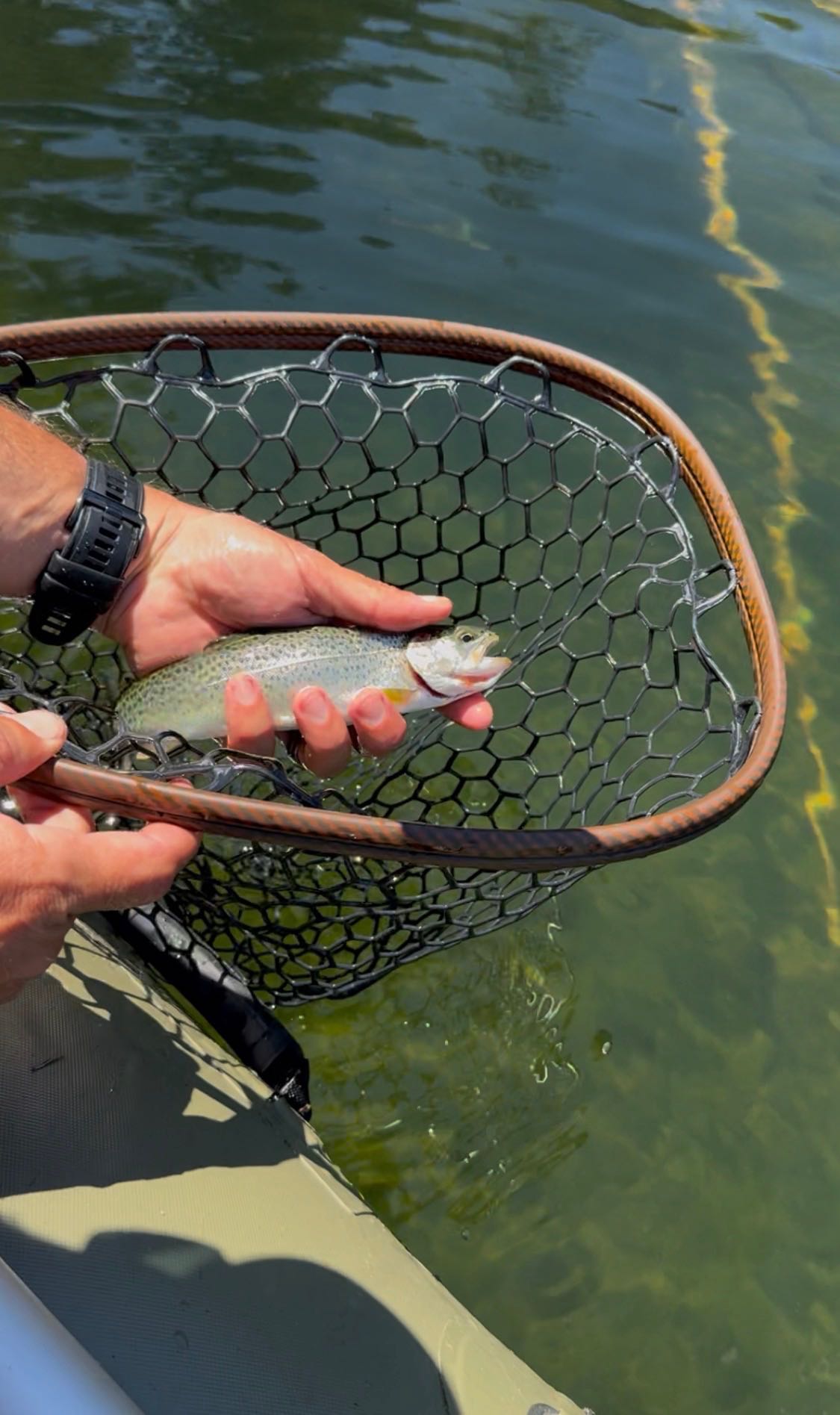 Lake fly fishing raft with 2 anglers casting for trout among pine trees in Washington