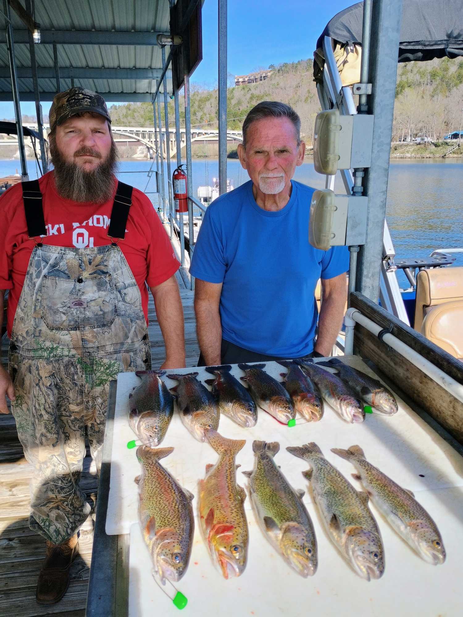Fresh caught rainbow trout displayed on cleaning table at Branson MO fishing dock