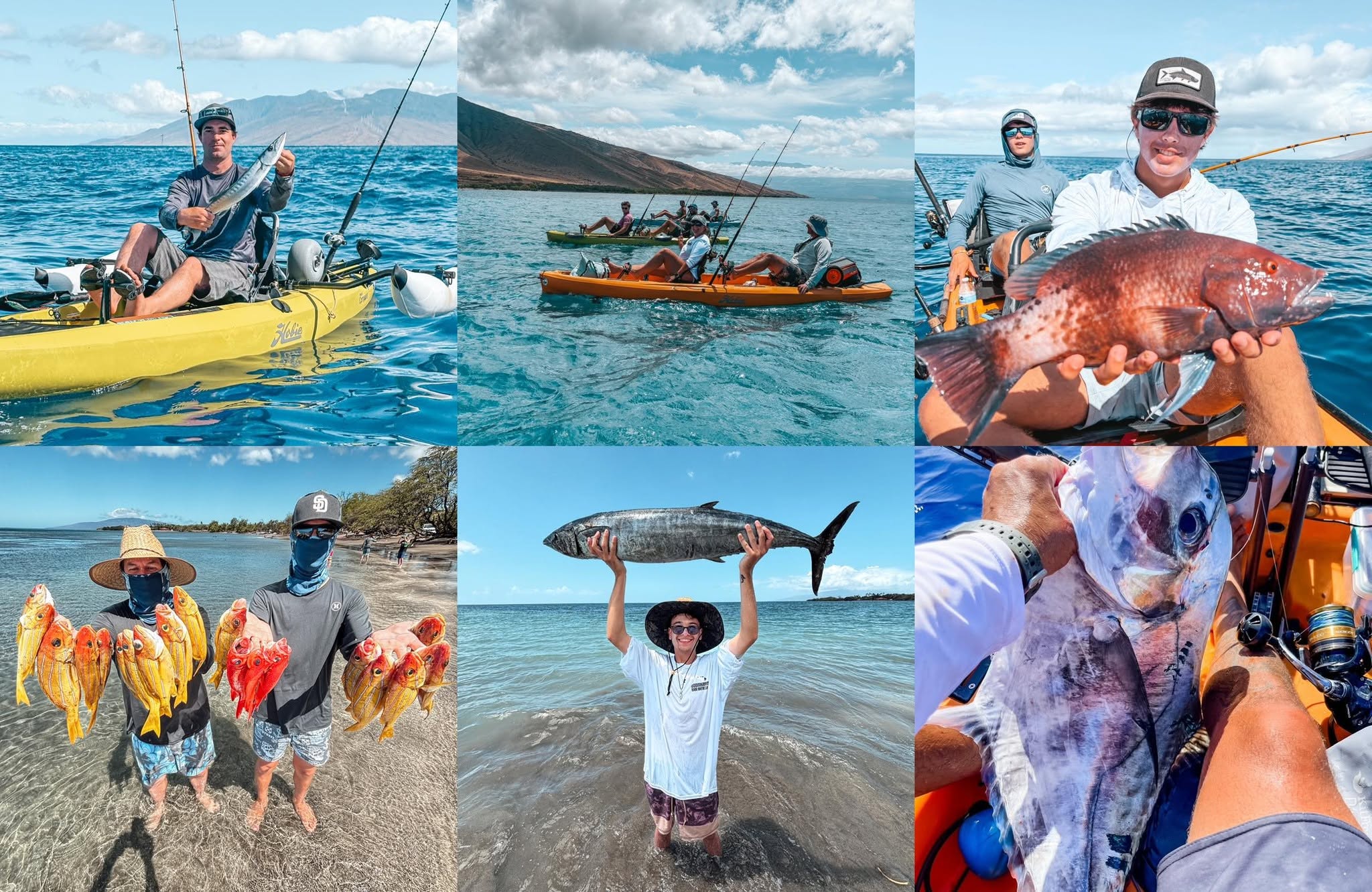 Fishing expedition in Lahaina Hawaii showcasing African Pompano and Wahoo catches from kayaks