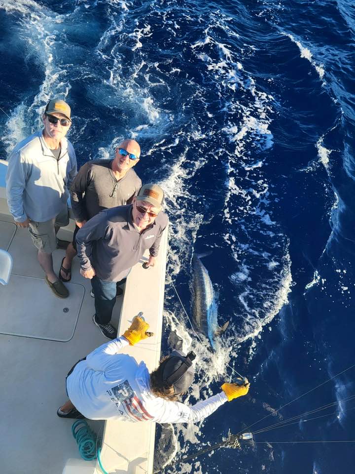 Deep sea fishing scene with large fish being caught in blue ocean waters near Kailua-Kona Hawaii