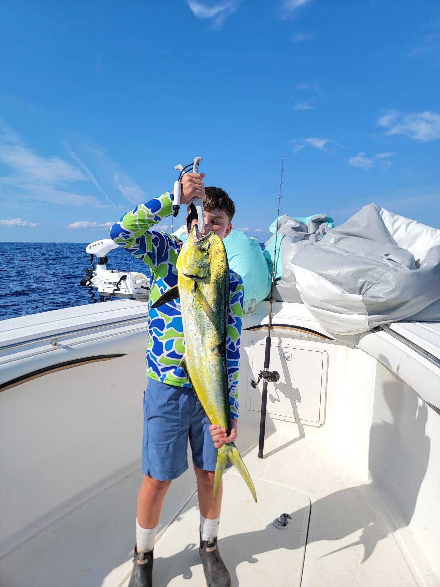 Fresh caught Mahi Mahi displayed on fishing boat deck in Oak Island NC waters