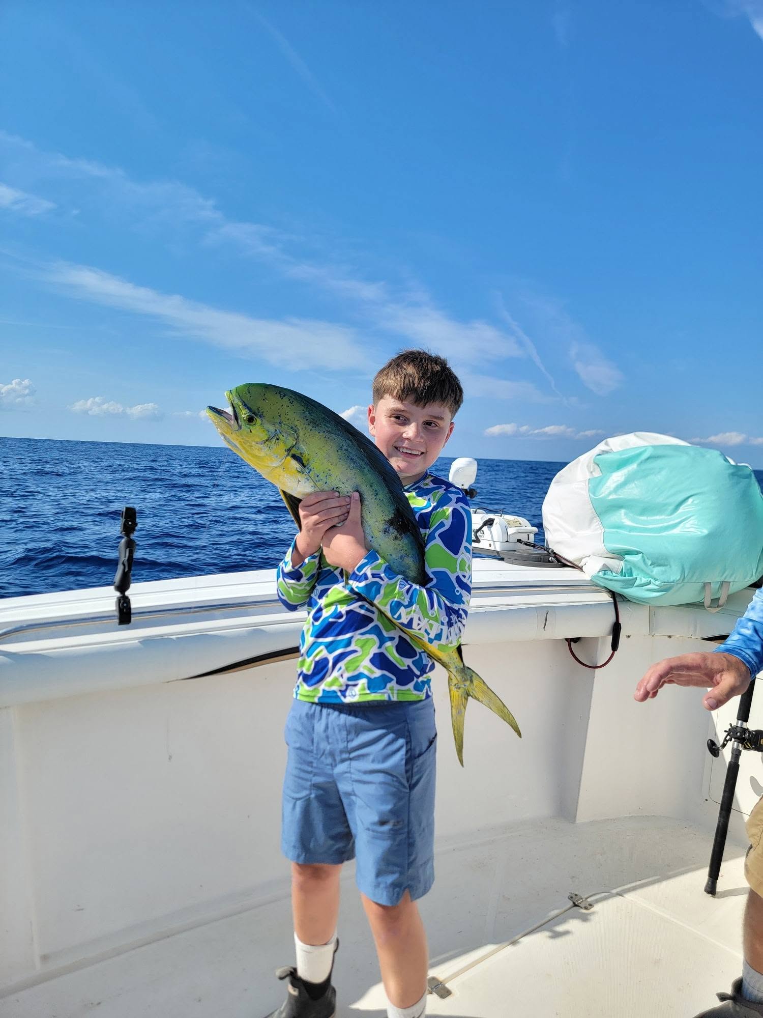 Mahi mahi catch displayed on fishing boat deck in Oak Island NC waters