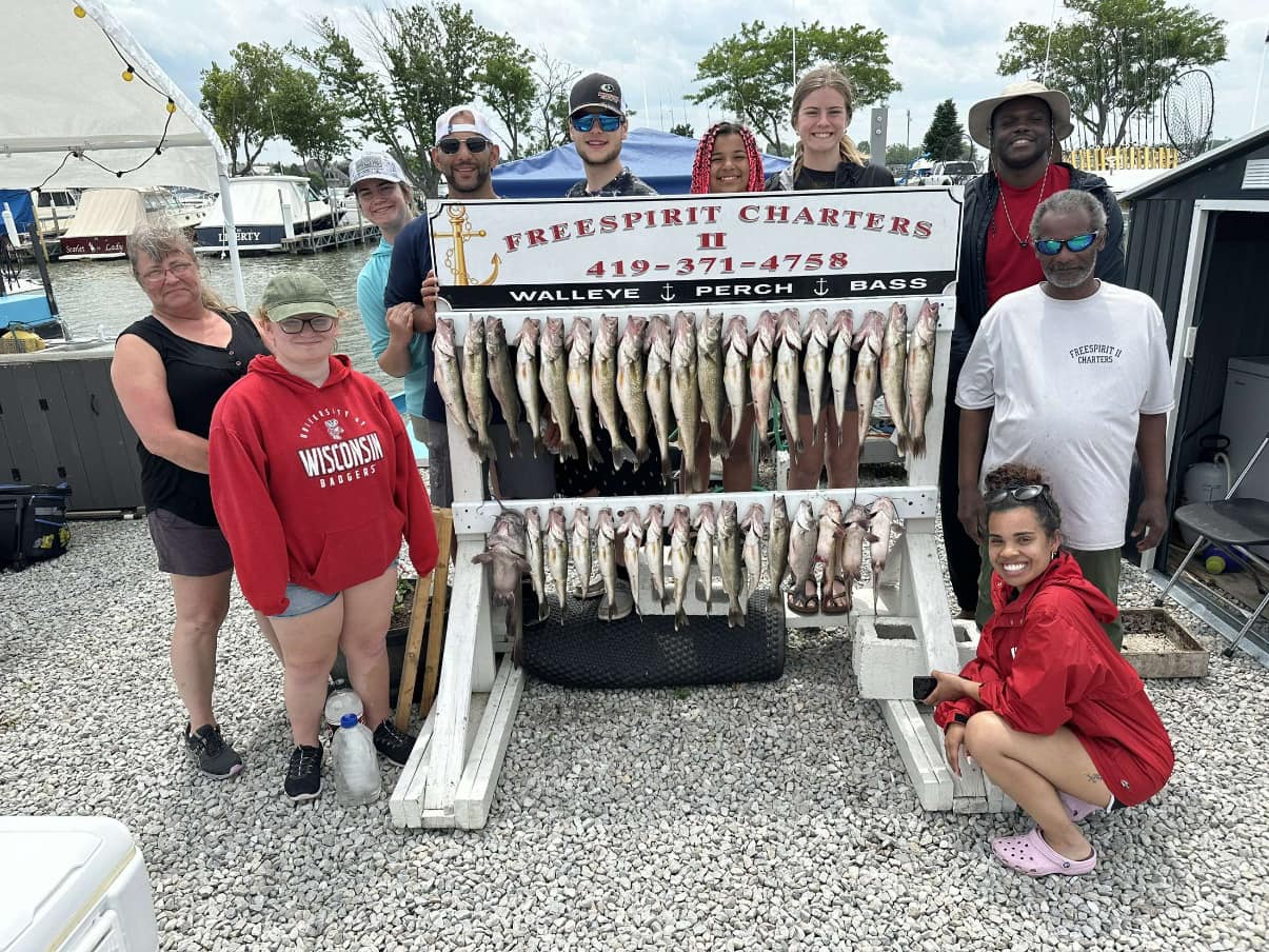 Large display of freshly caught walleye and perch from Port Clinton OH fishing charter