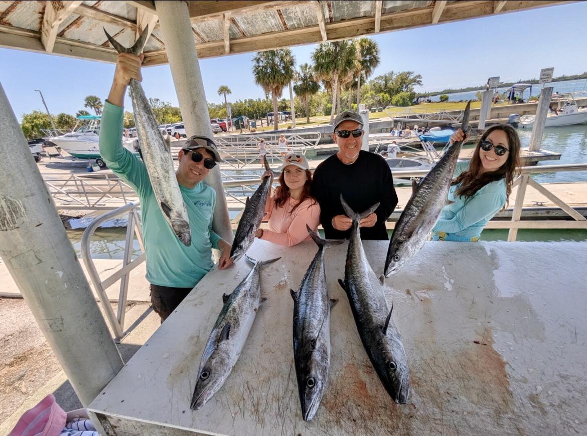 King mackerel fishing success in Vero Beach FL with multiple large fish displayed on cleaning station