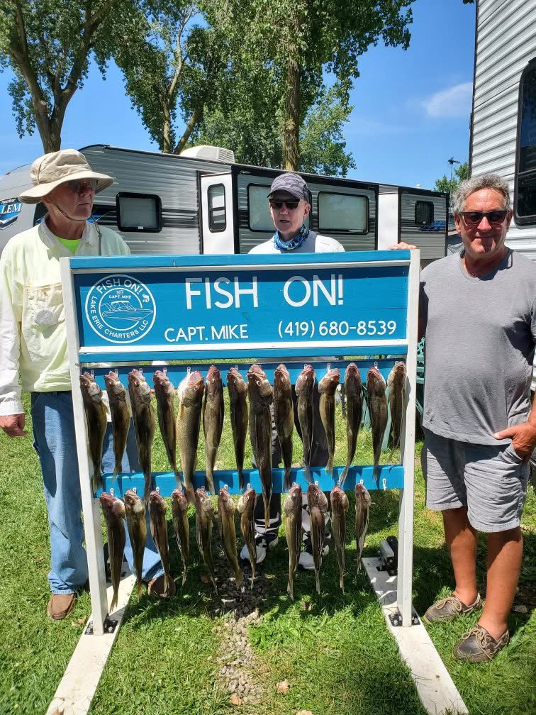 Fishing charter display board showing multiple caught walleye fish at Lakeside Marblehead OH