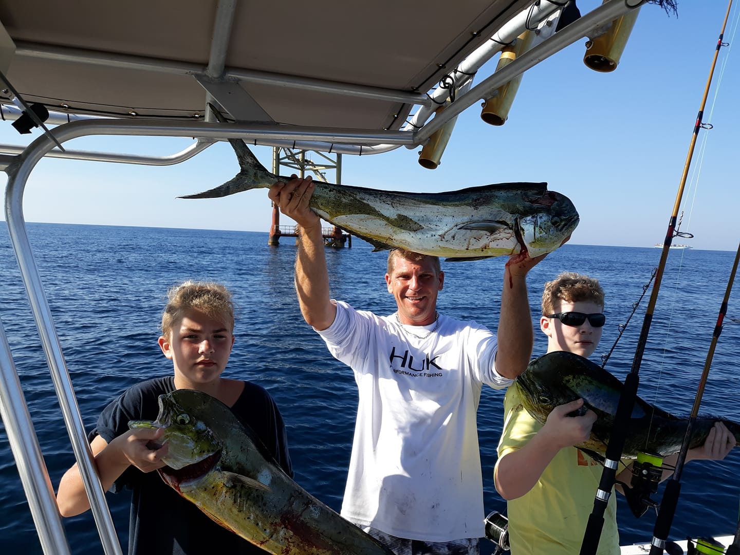 Two mahi mahi and tripletail fish in a fishing scene in FL