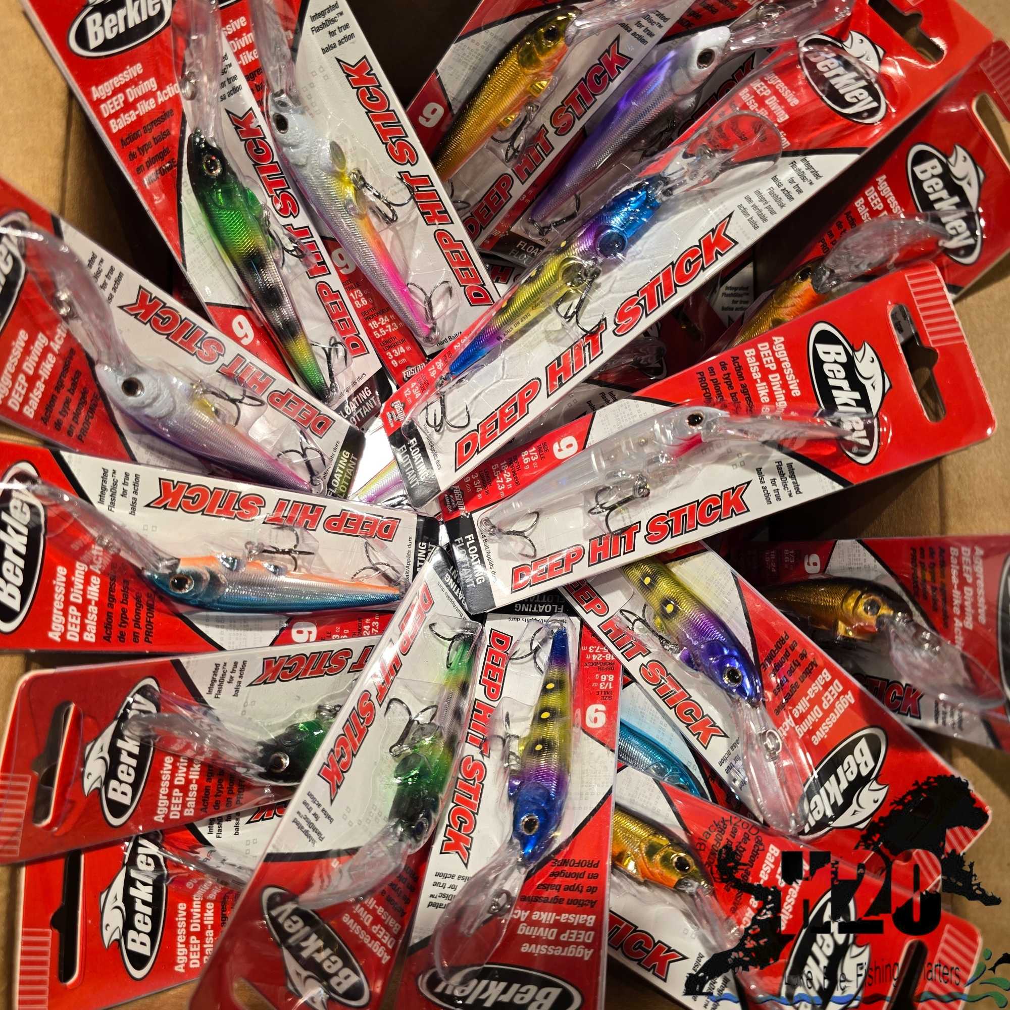 Collection of Berkley Deep Hit Stick fishing lures in various colors arranged in circular pattern