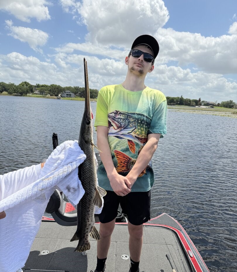 Longnose gar caught fishing in Winter Garden Florida on boat deck