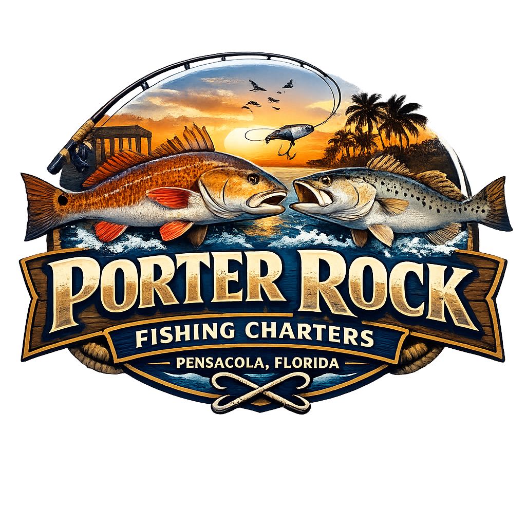 Porter Rock Fishing Charters logo featuring redfish and speckled trout with fishing rod and tropical sunset background in Pensacola Florida