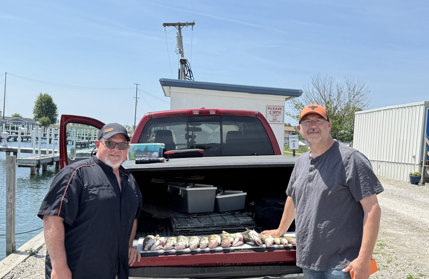 Fresh caught fish displayed in truck bed at Detroit marina dock