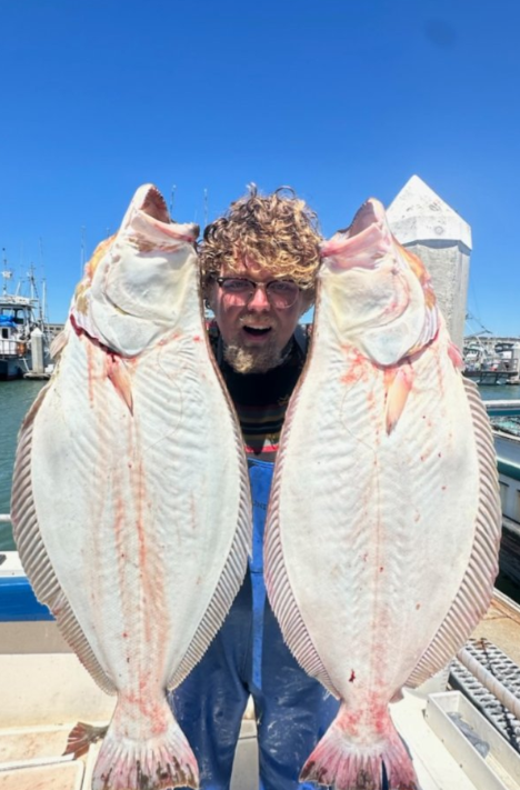 Two summer flounder, each 26 inches long, caught while fishing in San Francisco