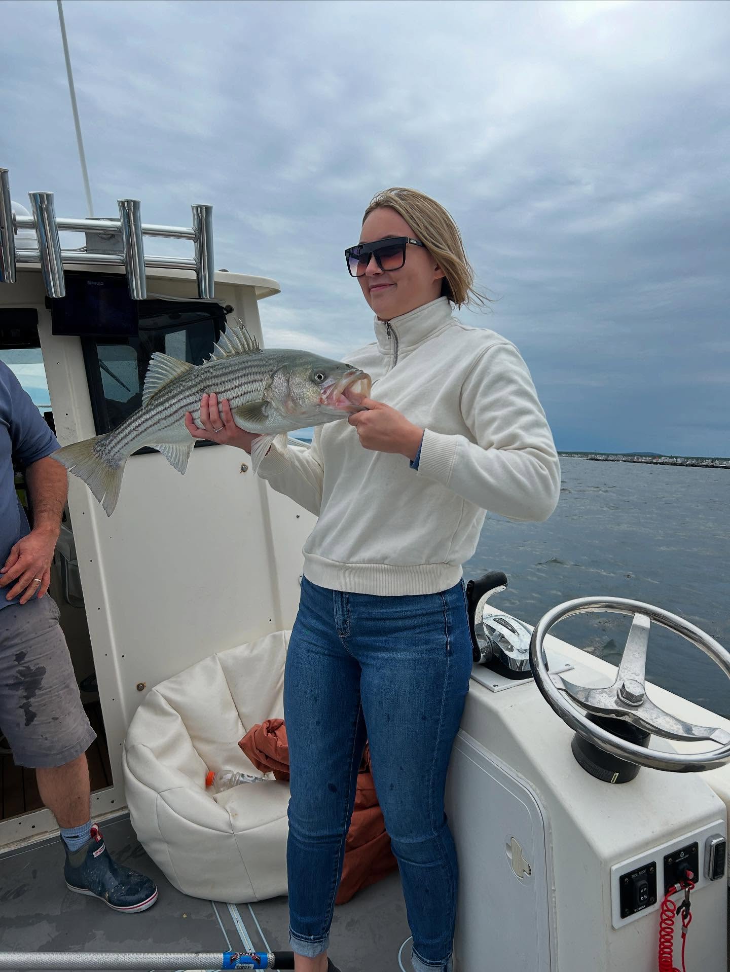 Striped bass caught during fishing trip in Wells ME on boat