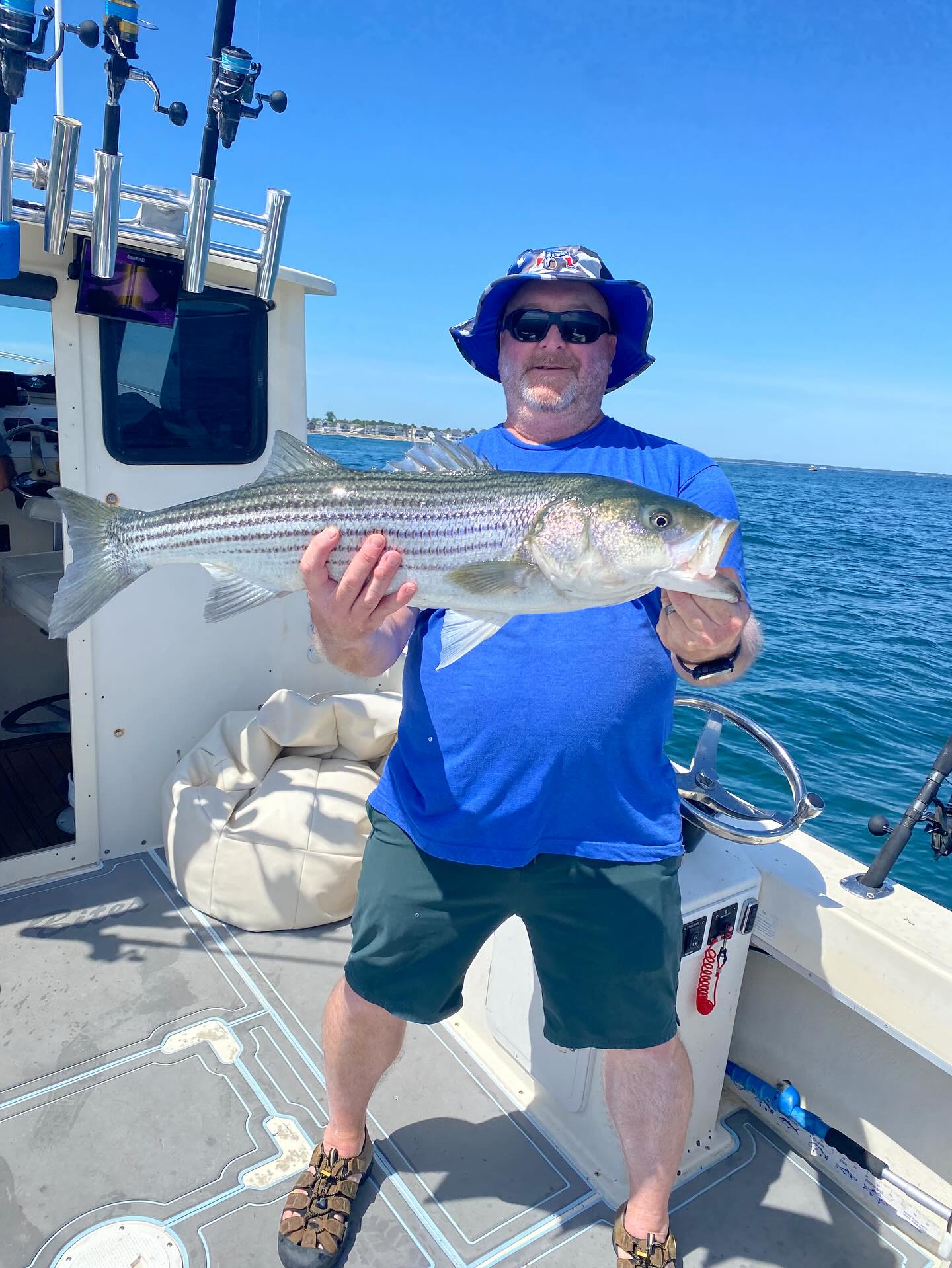 Striped bass caught fishing in Wells ME on boat deck
