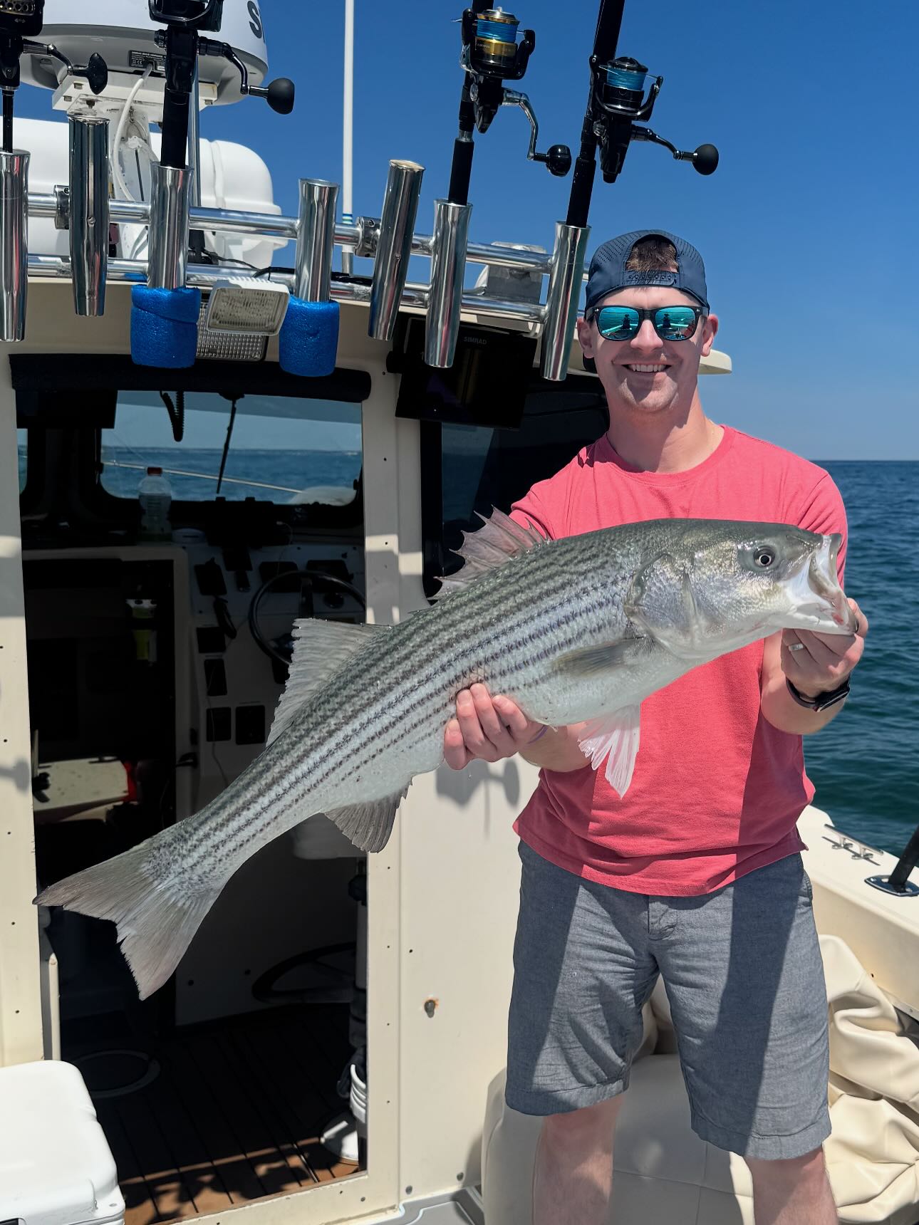 Striped bass caught while fishing in Wells Maine on fishing boat