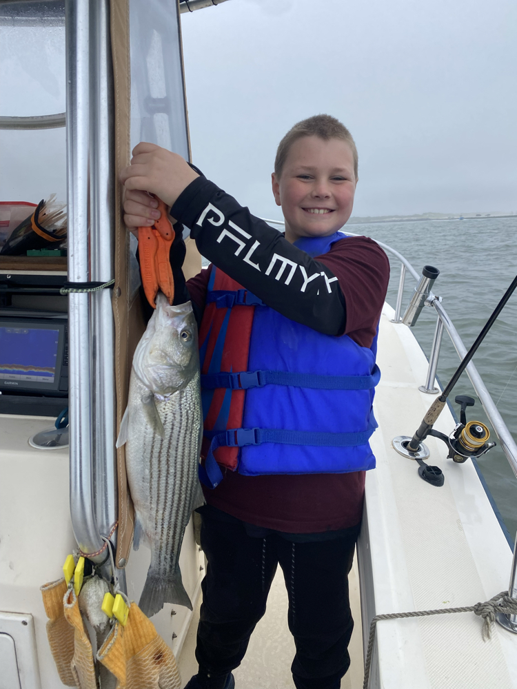 Striped bass caught fishing in Barnegat Light NJ displayed on boat deck