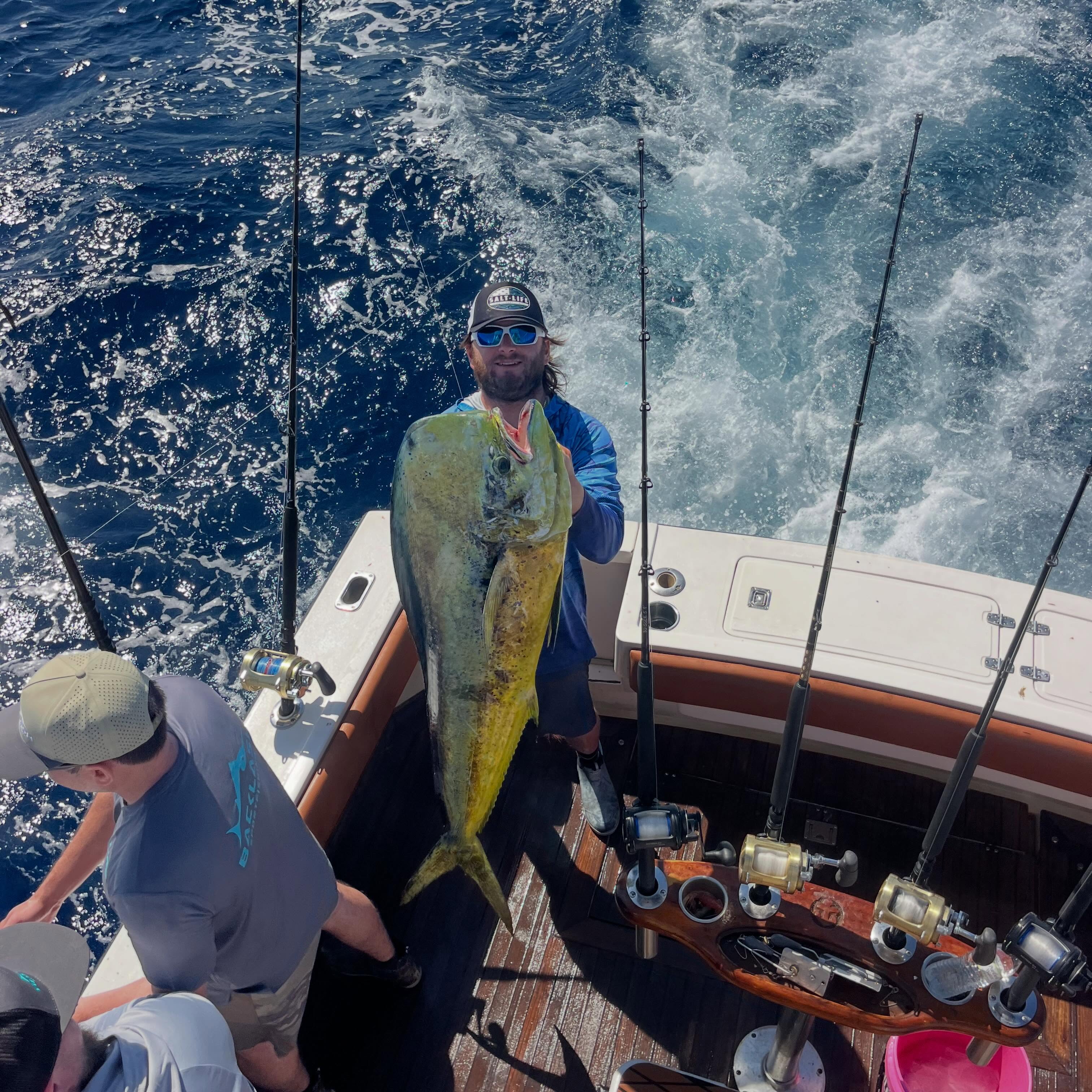 Large mahi mahi catch displayed on fishing boat in Miami FL waters