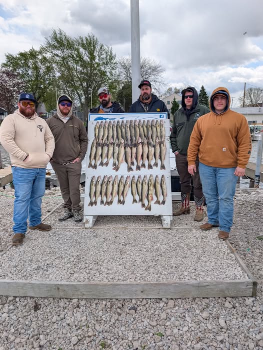 Fishing charter display board showing caught fish from Port Clinton OH trip