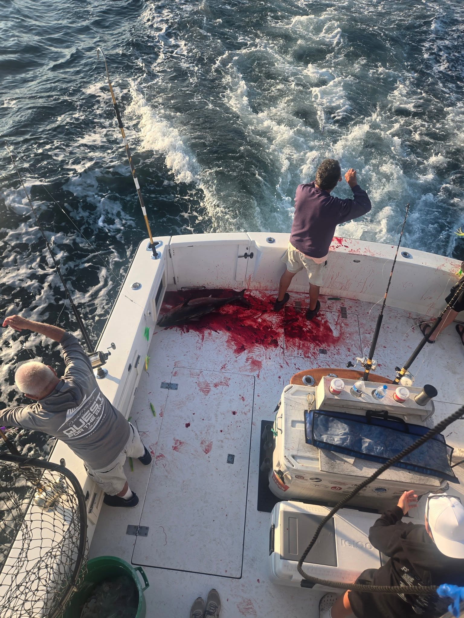 Fishing boat deck covered in blood from successful catch in Belmar NJ waters with churning ocean wake