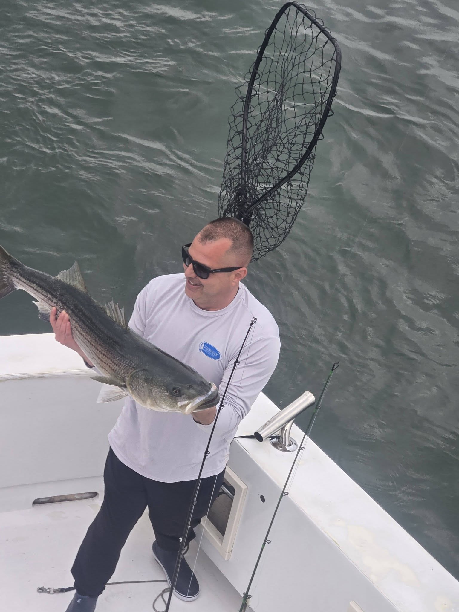Striped bass caught while fishing in Belmar NJ with landing net on boat
