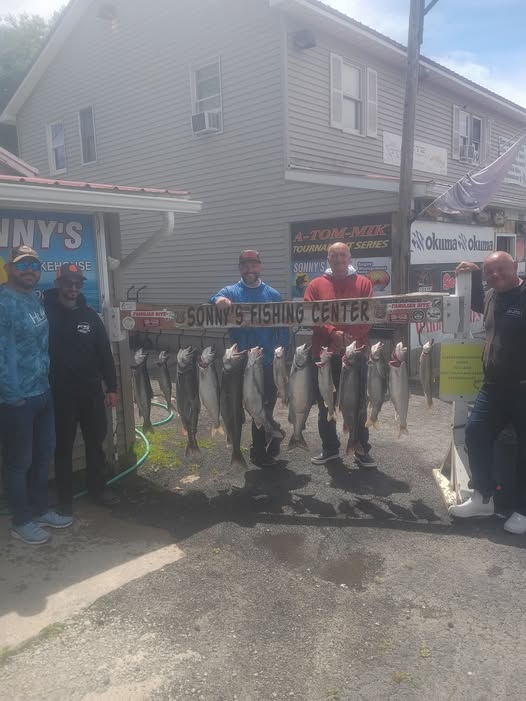 Fresh caught salmon displayed on fishing rack at Sonny's Fishing Center in Pulaski NY