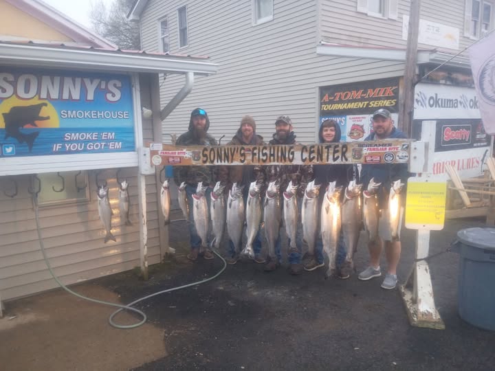 Multiple salmon displayed on rack at Sonny's Fishing Center in Pulaski NY