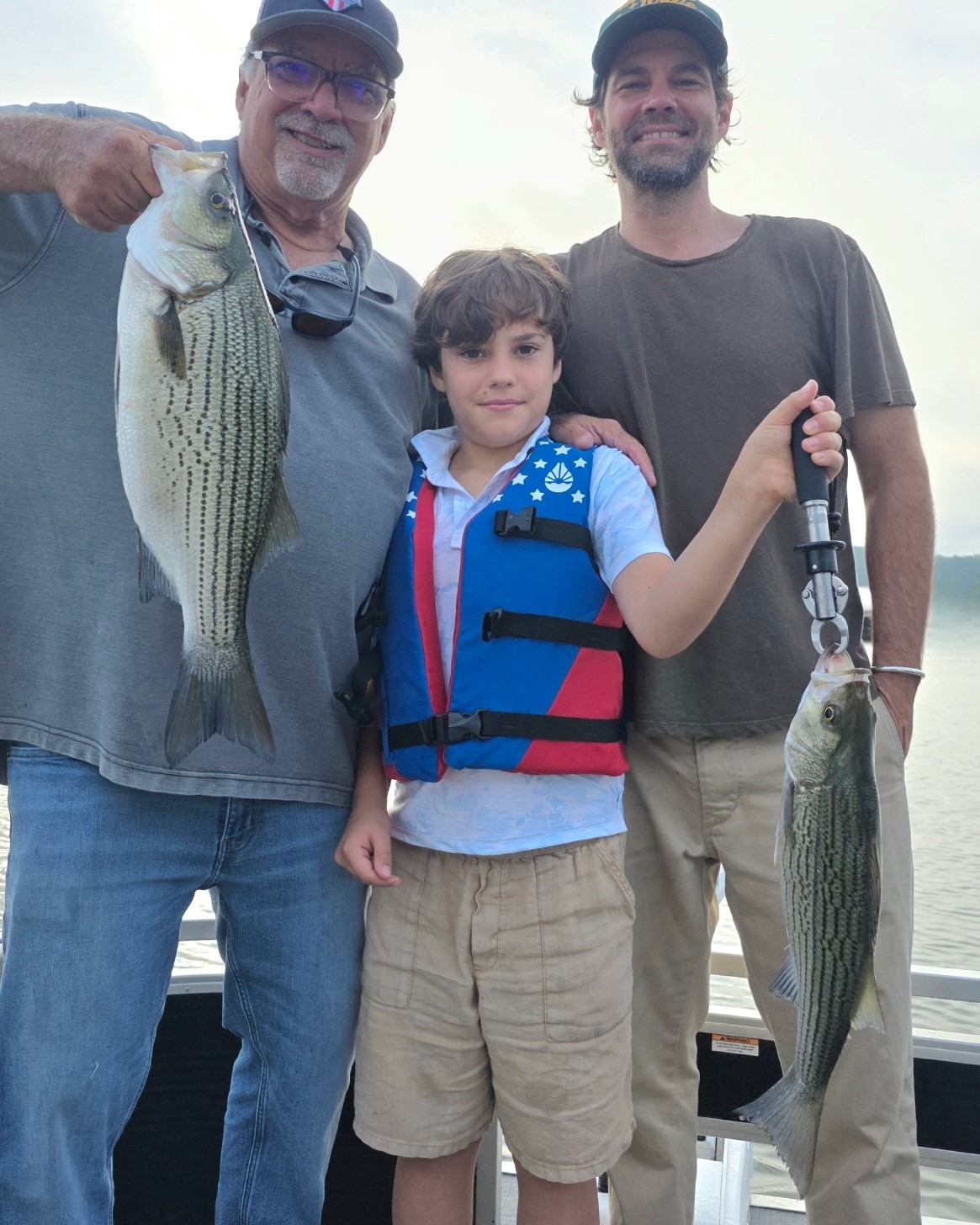 Striped bass fishing success in Acworth GA with two caught fish displayed