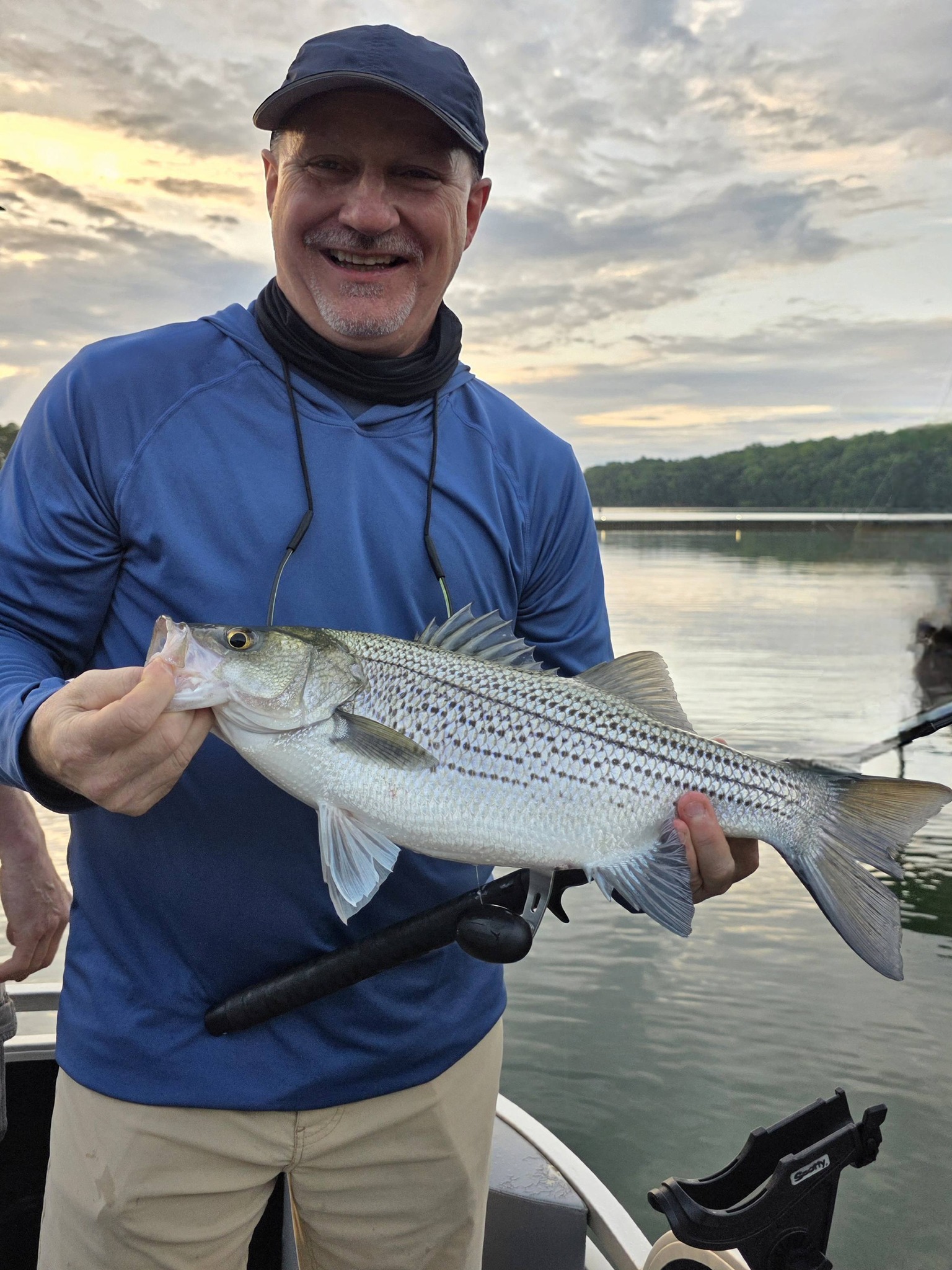 Angler holding freshly caught striped bass on boat in Acworth GA lake during sunset